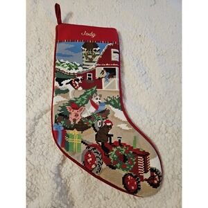 Lands' End Needlepoint Christmas Stocking Monogrammed Jody Farm Animals Holiday